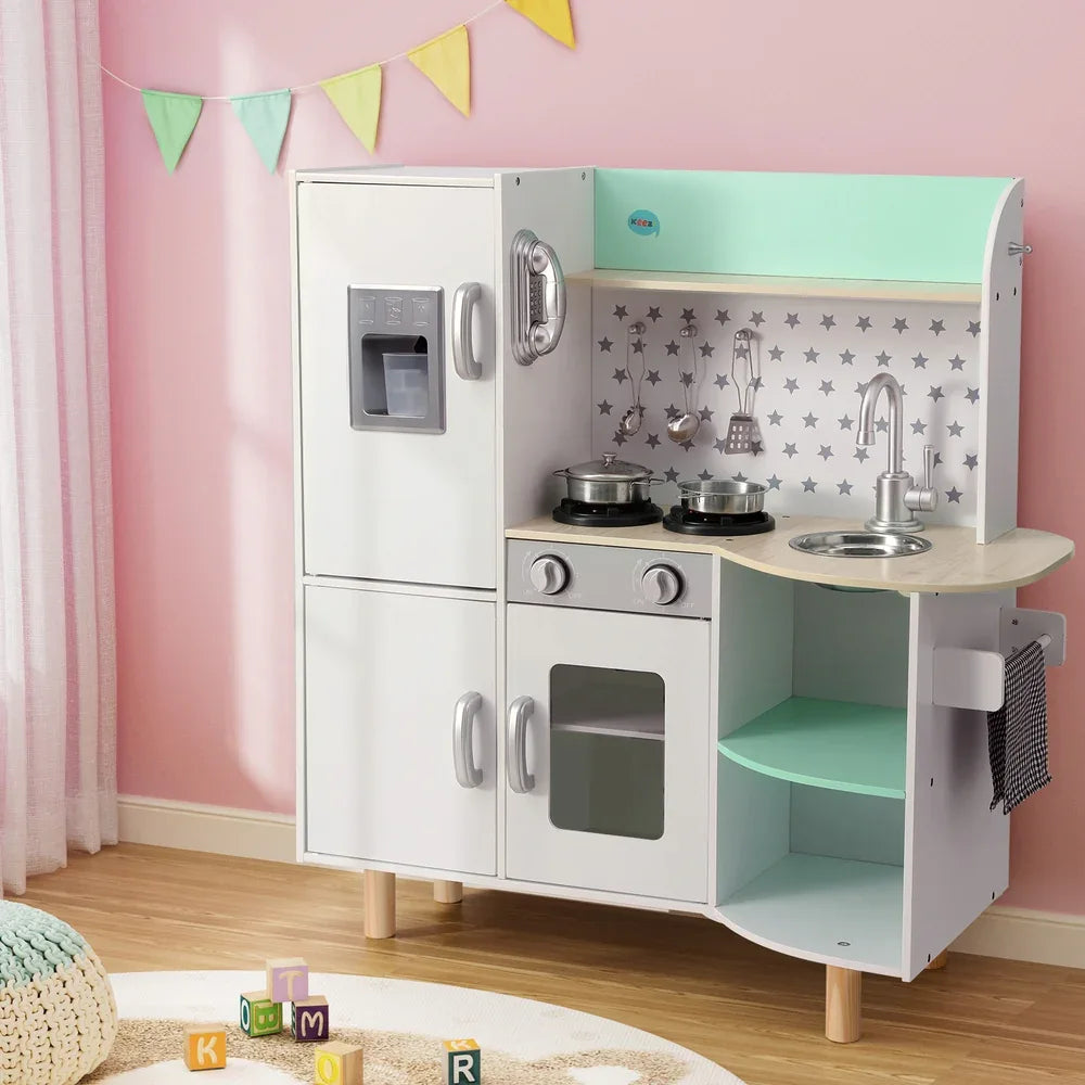 Keezi Kids Wooden Pretend Kitchen Play Sets Cooking Toys Oven Fridge 85CM Green - Mekamart Australia