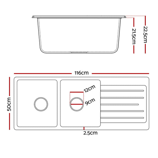 Cefito Kitchen Sink 116x50cm Granite Stone Sink Double Bowl White - Mekamart Australia