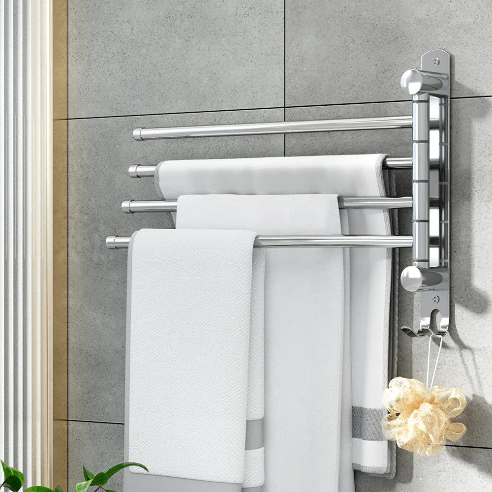 Towel Rail Rack Holder 4 Bars Wall Mounted Stainless Steel Swivel Hanging Hook - Mekamart Australia