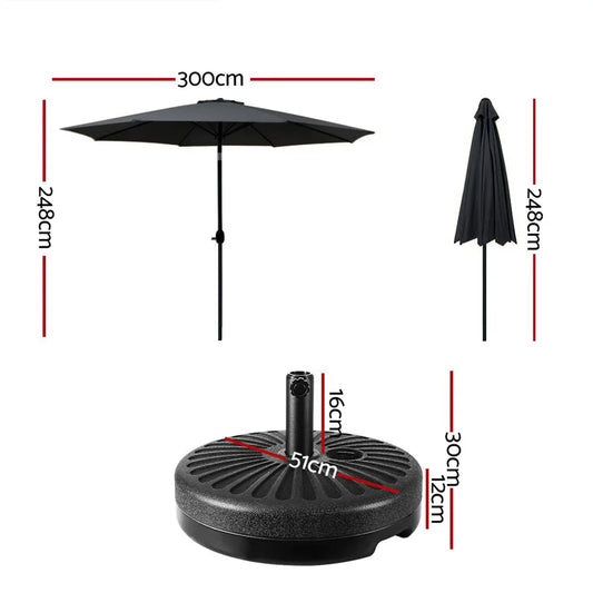 Instahut Outdoor Umbrella 3m Base Beach Pole Garden Tilt Sun Patio UV Black - Mekamart Australia