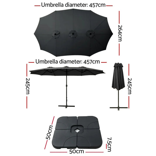 Instahut 4.57m Outdoor Umbrella w/Base Stand Beach Pole Garden Tilt Black - Mekamart Australia