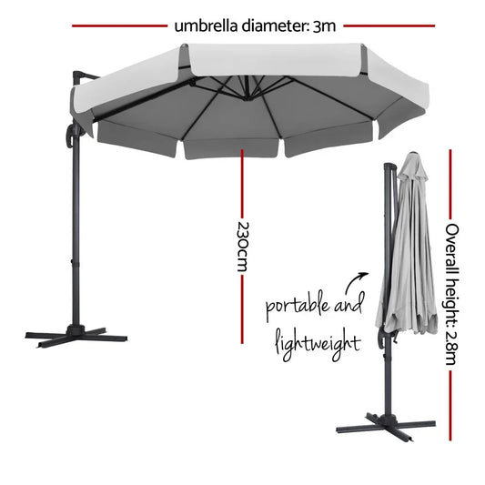 Instahut 3m Outdoor Umbrella Cantilever 360 Degree Tilt Beach Roma Grey - Mekamart Australia