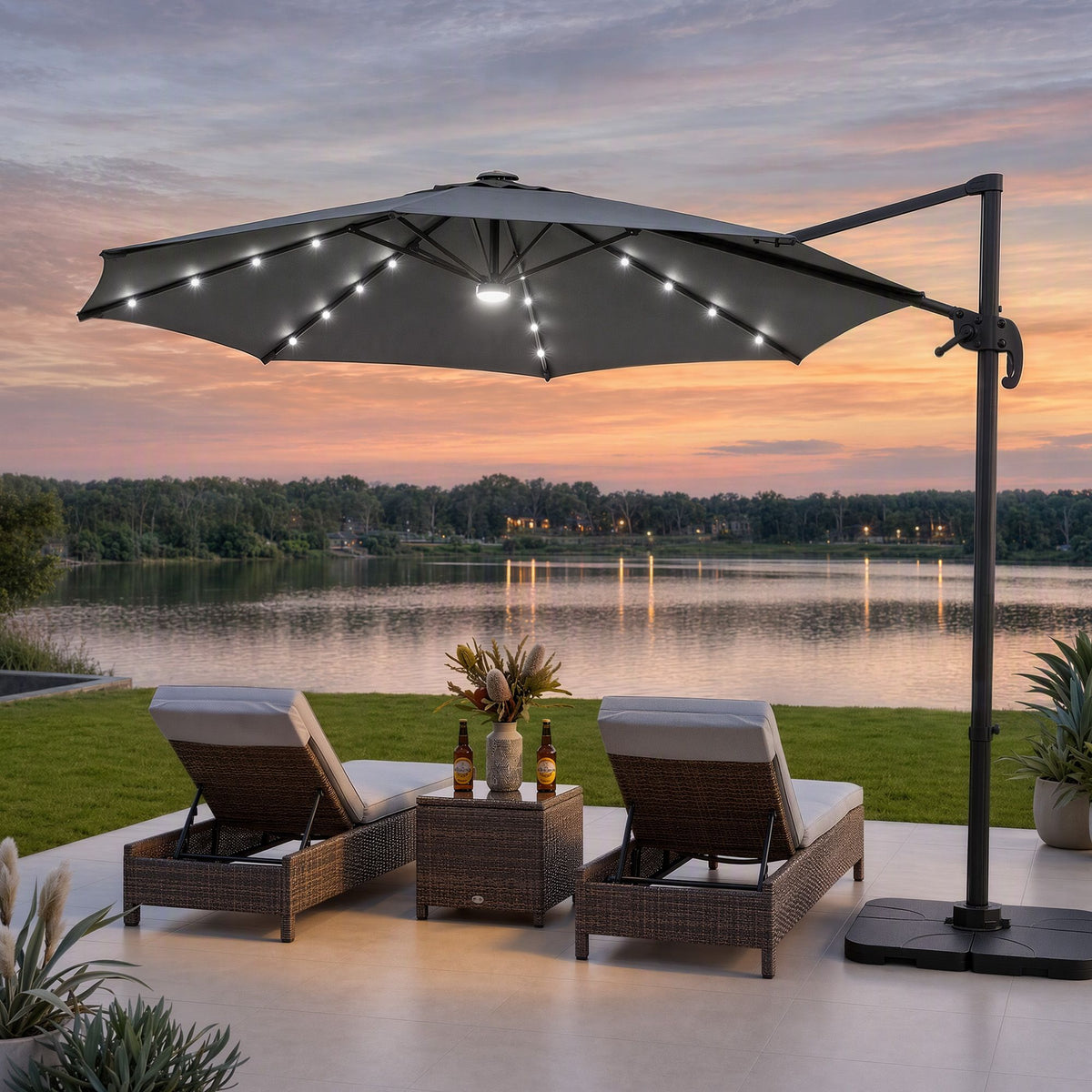 Instahut Outdoor Umbrella 3m Solar LED Offset Cantilever Patio Parasol Charcoal