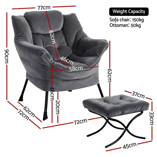 Artiss Armchair Accent Chair Ottoman Lounge Footrest Velvet Grey - Mekamart Australia