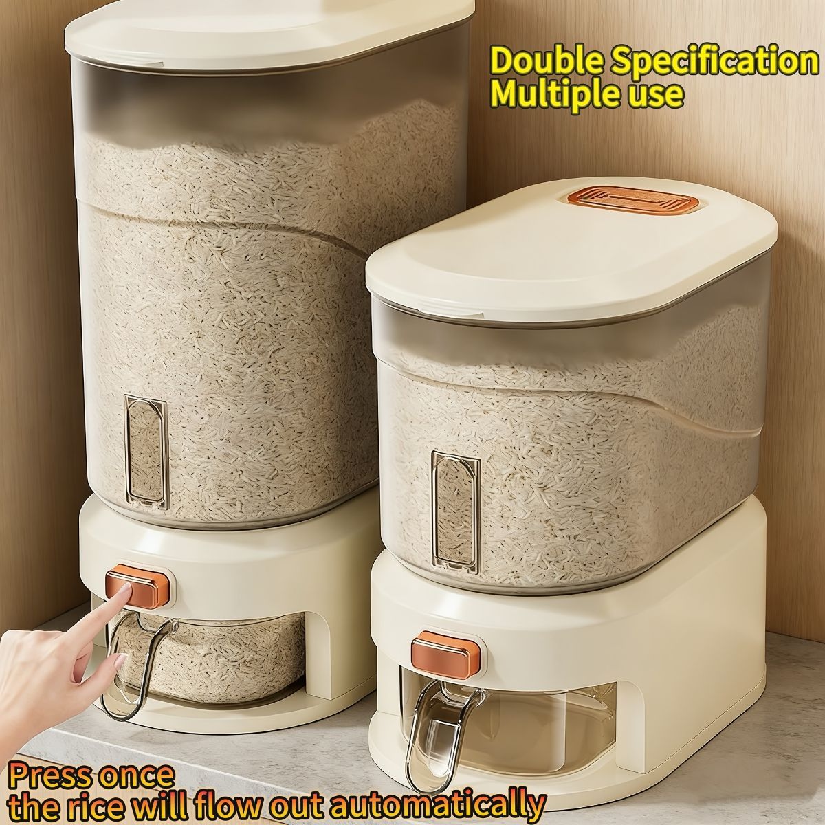 large capacity rice dispenser, measuring cup, time scale, plastic grain storage container, sealed food storage, insect proof food storage, moisture proof food storage, flour storage, pet food storage, Australian kitchen - Creamy - Size 20L