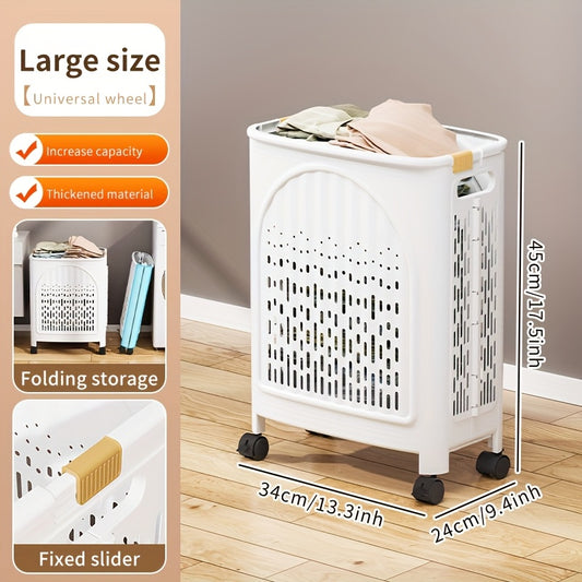 A wheeled foldable plastic laundry basket, suitable for dirty clothes and easy to move. It features a breathable design for convenience and practicality.