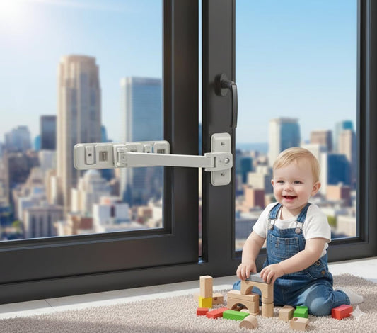 Adjustable Child Safety Window Lock with 3-Level Restrictor for Sliding and Casement Windows and Doors, No Drill Installation, Easy Adult Operation, Durable ABS and Zinc Alloy Construction (Gray)