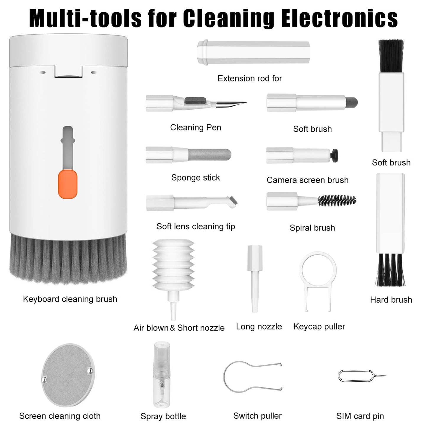 20-in-1 Multi-Function Electronics Cleaning Kit – Portable Keyboard, Earphone, Camera & Screen Cleaner Set with Brush, Spray Bottle & Tools (White)