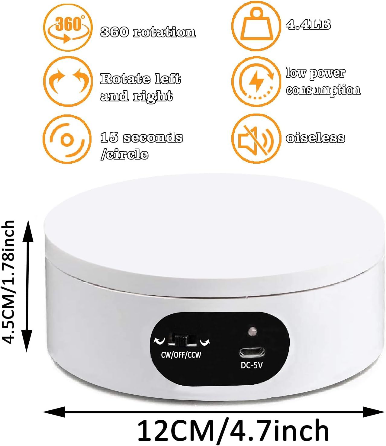 4.72-Inch Silent Electric Rotating Display Stand for Jewelry & Small Product Photography, Ideal for Live Streaming & Etsy Listings (White)
