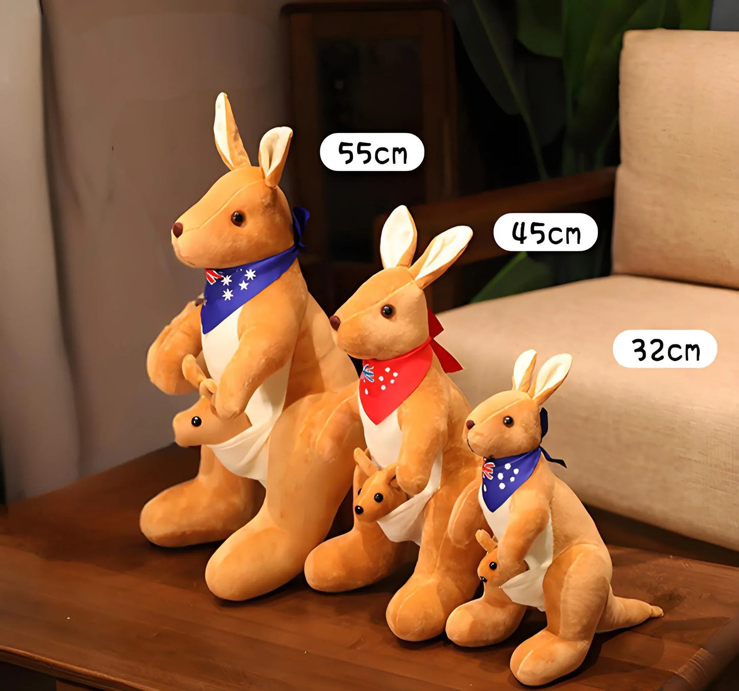 Kangaroo Stuffed Animal with Joey in Pouch & Australia Scarf - Soft Cuddly Plush Toy(55cm, light grey)| Other Colors Available in Store - Mekamart Australia