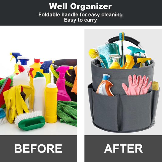 Grey Foldable Cleaning Caddy with 6 Outer Pockets: 17L Collapsible Storage Basket for Household, Bathroom, Picnic & Beach ā Durable Oxford Cloth Organizer | Other colors available in store
