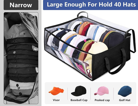 Large Capacity Foldable Hat Organizer Storage Box with Clear See-Through Window for Baseball Caps, Clothes, Toys, and Books, Underbed and Closet Container (Black)