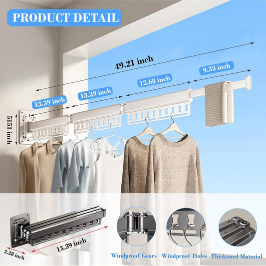 Wall-Mounted Folding Drying Rack with Windproof Holes & Retractable Rod for Balcony, Bathroom & Indoor Use (White)