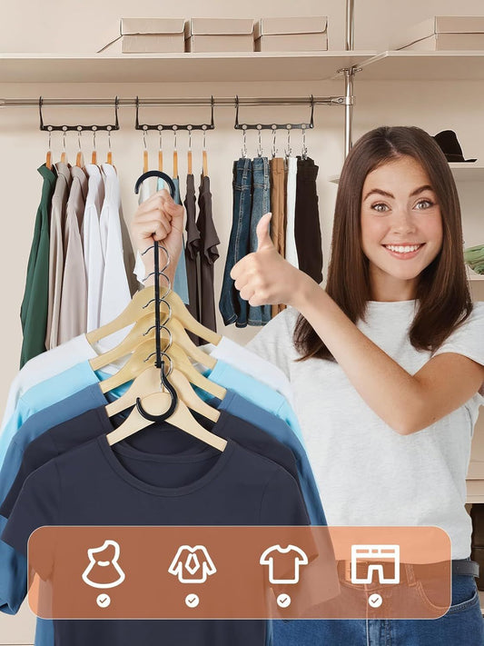10-Pack Black Space-Saving Hanger Connectors—5-Slot Design for Vertical & Horizontal Use—Organize Shirts, Sweaters, Jackets—Compact Closet Organizer for Apartments, Dorms, Small Spaces (Black)