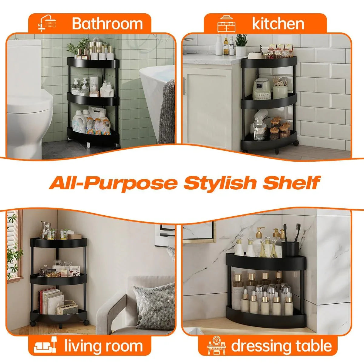 Black Corner Storage Shelf β 3-Tier Rolling Organizer for Bathroom, Kitchen & Bedroom | Space-Saving Aluminum Rack with Wheels | White Available In-Store - Mekamart Australia