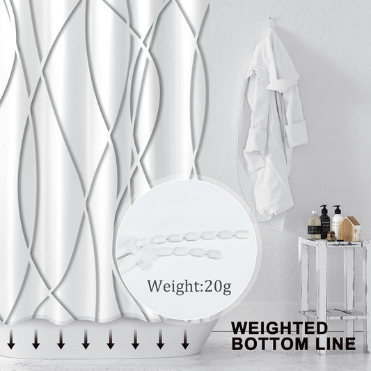Modern Abstract Wavy Line Shower Curtain Set, Waterproof Fabric with Weighted Bottom & 12 Hooks, Hotel Style Bathroom Decor, Gradient Design for Contemporary Bathrooms (Grey)