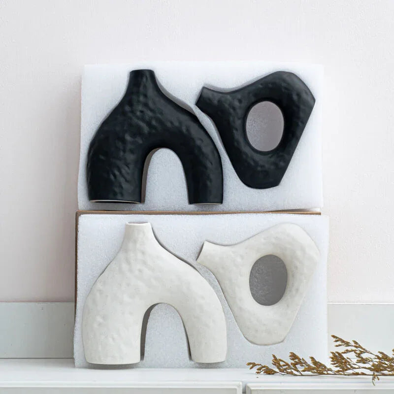 Minimalist Ceramic Vase Set (2-Piece): Modern Home Decor for Flower Arrangements (Black) | White Version Available In-Store - Mekamart Australia