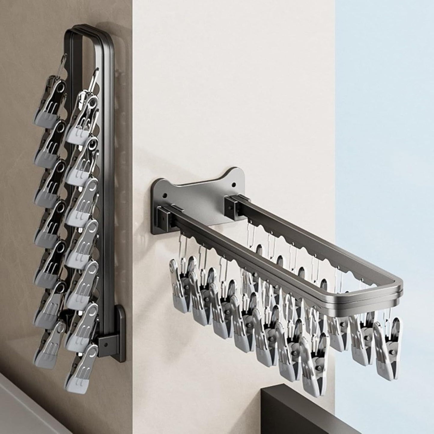 Wall-Mounted Foldable Sock Drying Rack with Multiple Clips for Balcony & Bathroom, Space-Saving Laundry Organizer (Gray)
