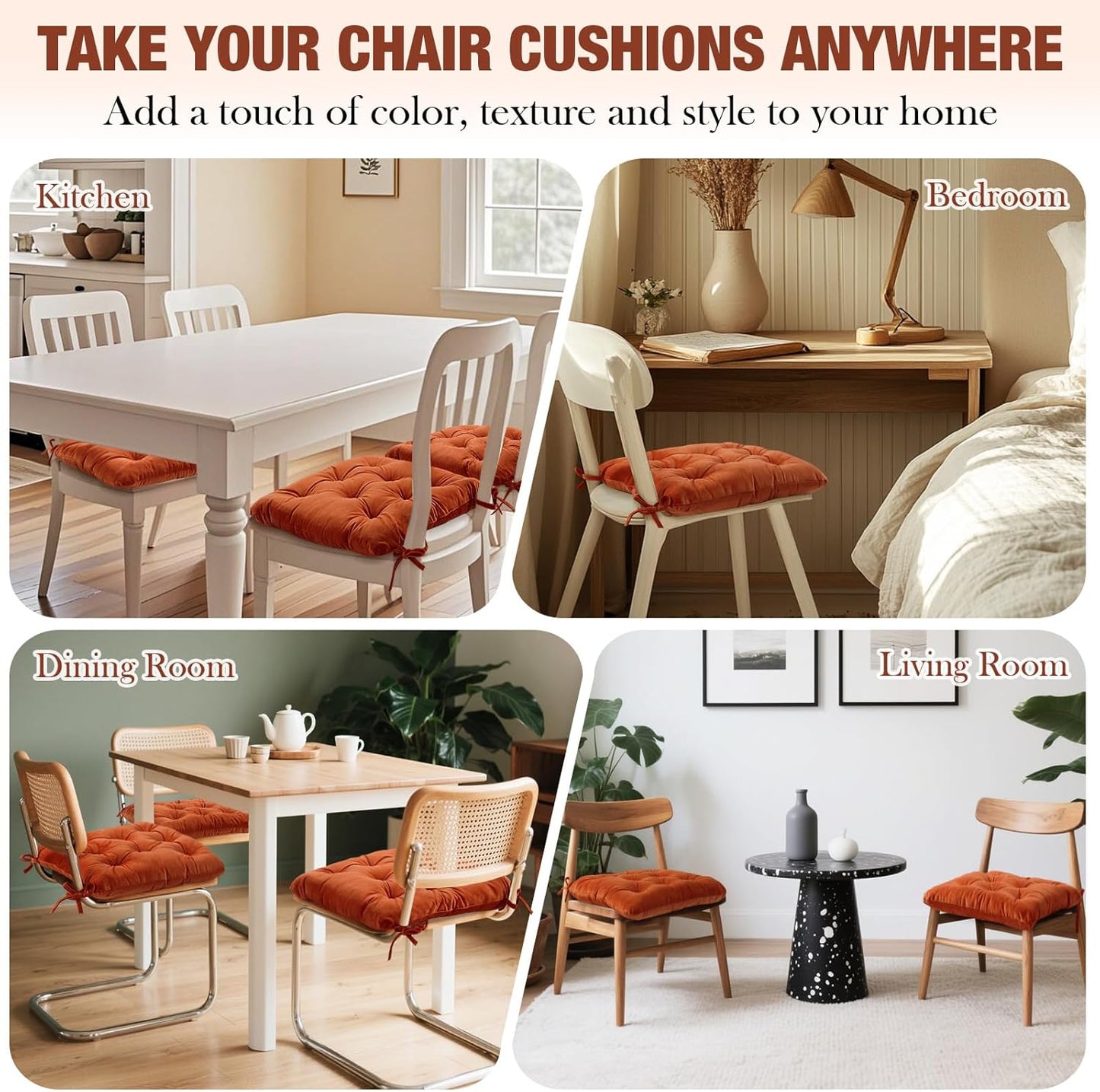 Memory Foam Chair Cushions Set of 4, Thick Indoor Seat Cushions for Dining Chairs Tufted Seat Pads for Kitchen, Dining Room, Office, (Orange,15.5"x15.5"x4")