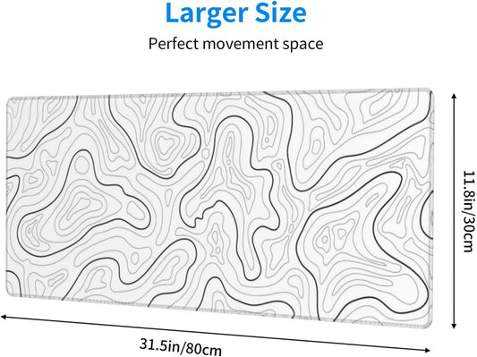Abstract Topographic Map White Grey Black Gaming Mouse Pad Long Mouse Pad Large Desk Mat 31.5 X 11.8 Inch Mousepad with Non-Slip Base Stitched Edge Keyboard Mat for Gaming Office Light Grey White