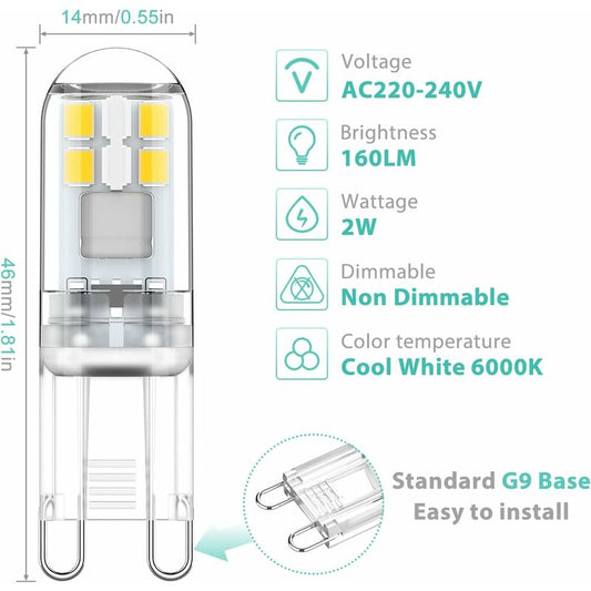G9 LED Bulbs 1.5W Equivalent To 20W Halogen Light Cool White 6000K, Ac 220-240V, Non-Dimmable, Mini Incandescent Bulb,