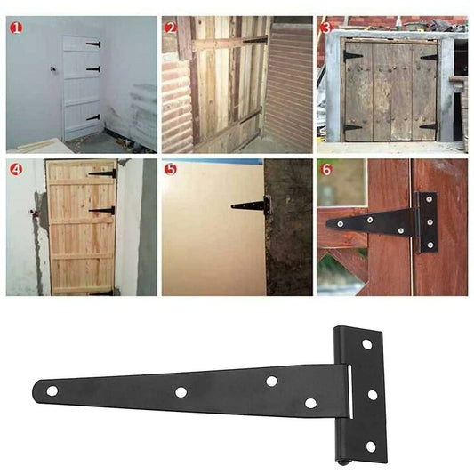 6 Pack T-Shaped Hinges For Garden Shed - 10Cm - Heavy Duty - Forged Steel - Rustproof - Black