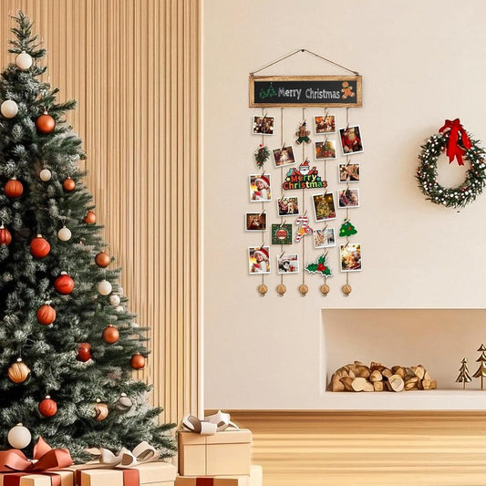 Photo album - Wall-mounted photo holder - Photo frame with display board and 30 photo clips - Wooden photo frame - Photo hanger with wall clip - Photo hanger for displaying memories