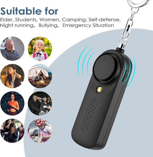 Personal Alarm - 130 dB - Security Siren - Self-Defense Siren - With LED Light-Up Keyring - For Children, Women, Students and Seniors (Black)