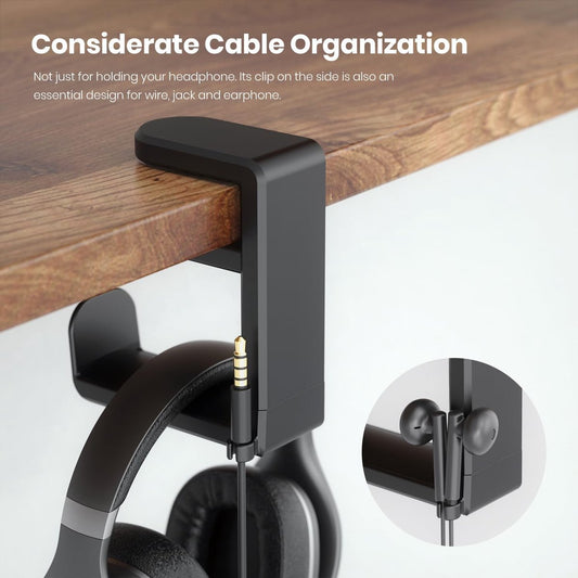 Headset Stand - Headset Holder - Rotating Headset Stand - Gaming Headset Stand - With 360-Degree Rotation and Cable Clip Organizer - Adjustable Clamp Mount Under Desk - Black
