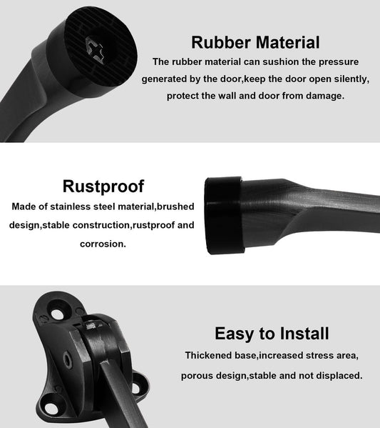 Set of 2 heavy-duty stainless steel doorstops with non-slip rubber tips for heavy doors, adjustable, door handle protection, 13 cm, black