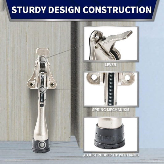 2-Piece Door Stop - One-Touch Reverse Door Stop - Heavy-Duty Door Stop - Height-Adjustable Rubber Head - Door Stop with Rubber Head, Spring-Loaded Rod, Screw-On Type - 12.5 x 4 x 2.5 cm - Silver