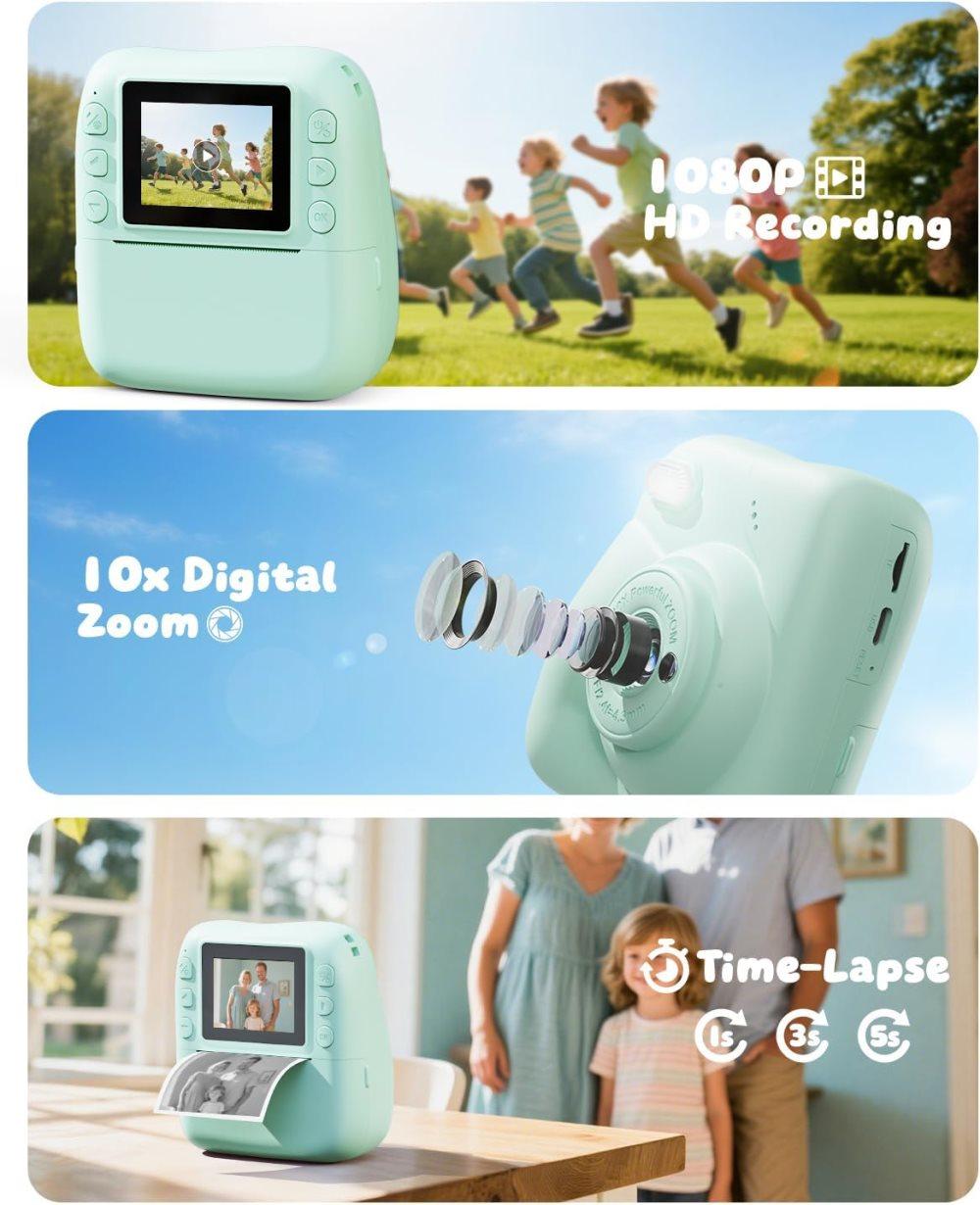 48MP Kids Digital Camera with Instant Print, 1080p FHD, 10x Zoom, 32GB Memory Card, 3-inch Screen, Green