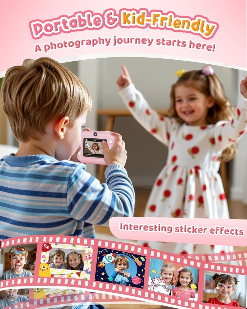 1 Children's Digital Camera with Instant Printing 1080P HD 2.4-inch Screen, Pink, Includes Paper and 32GB Card for Ages 3-12