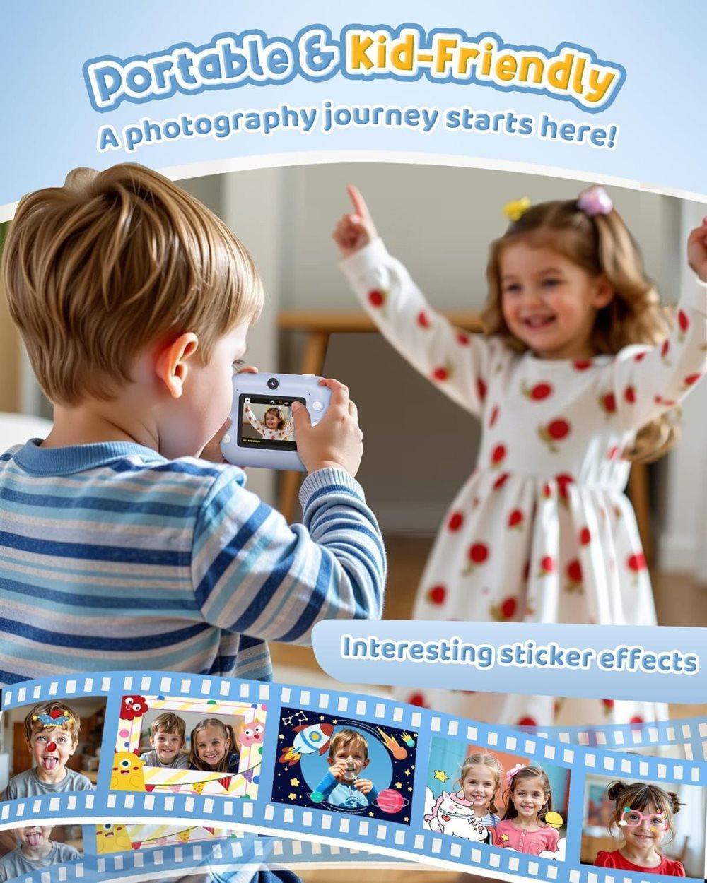 Children's Digital Camera 1080P HD with 2.4-Inch Screen, Instant Printing, Includes Paper & 32GB Card, for Ages 3-12, Blue