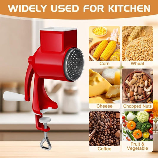 Manual nut grinder with 2 removable drum blades, cheese grater, peanut and almond grinder