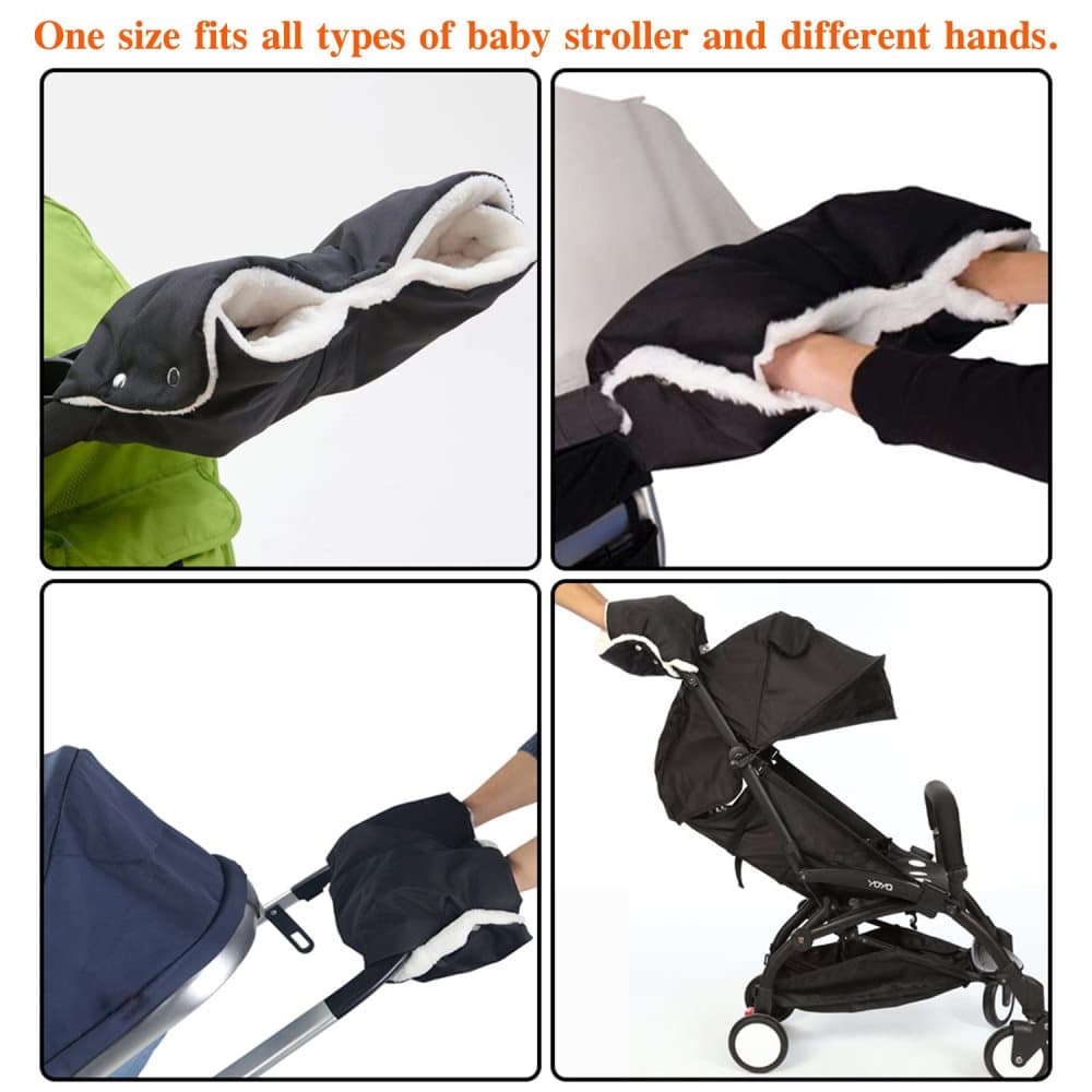 Waterproof Stroller Gloves Winter Hand Warmer with Fur, Black, Compatible with Stroller