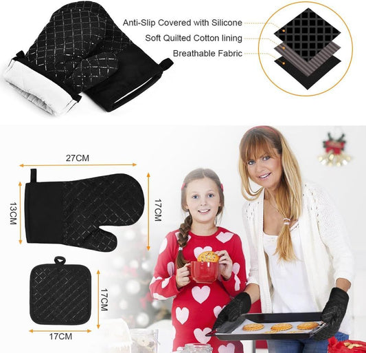 1 Pair Oven Mitts + 2 Pot Holders Set - Heat Resistant up to 230C, Silicone Non-Slip Cooking Gloves for Baking, Grilling & BBQ