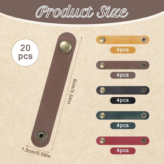 20 Pcs PU Leather Cable Organizer Straps, Reusable Snap Cord Keepers, Multicolor 5 Colors