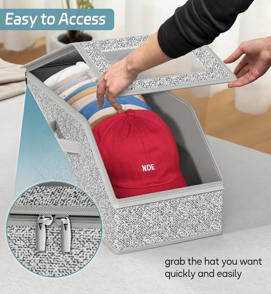 2-Pack Storage Boxes for Caps - Storage Solution for Up to 24 Baseball Caps - Stackable 2-in-1 Hat Box