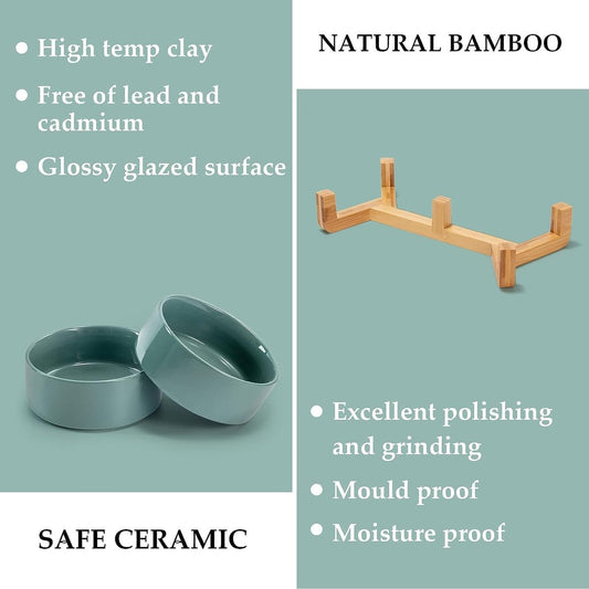 Cat Litter Box - Dog Bowl - Ceramic Food Bowl Set for Cat and Dog - With Wooden Base, Modern and Cute Design, Weighted and Non-Slip - Suitable for food and water - Suitable for cats, small dogs, and puppies (Capacity: 390 ml / Diameter: 13 cm)