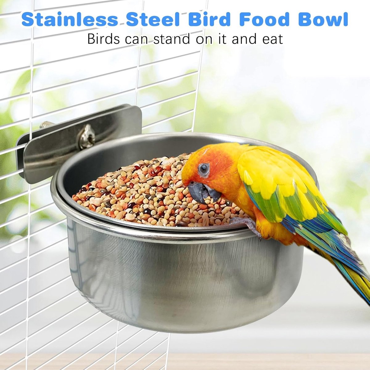 Parrot feeder - Bird food bowl - Stainless steel water bowl for bird cage with clip holder - Suitable for birds and hamsters - 10 cm - 2 pieces