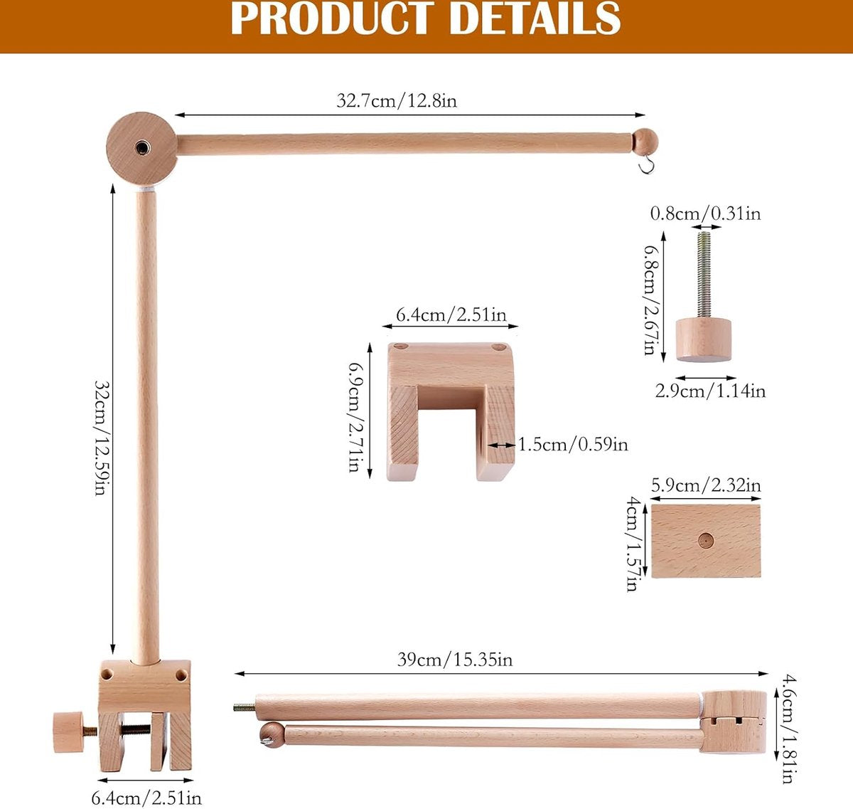 Playpen Mobile - Mobile Holder - Crib Mobile - Wooden Baby Mobile Holder - Wooden Musical Mobile Holder - Wooden Baby Mobile Holder - Wooden Playpen Mobile Holder - Baby Room Decoration - Adjustable Arm for Playpen - Easy to Mount - Adjustable - For Playp