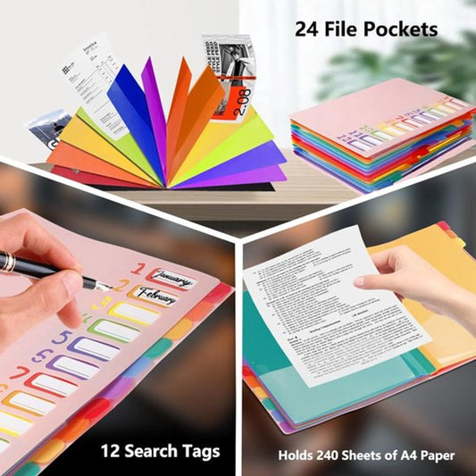 A4 Expandable Project Folder - A4 Sorting Folder - 12 Compartments - File Folder with Tabs - Compartment Folder - Desk Folder - Storage Folder - Document Folder - Work Folder - Clear Classification - Pink