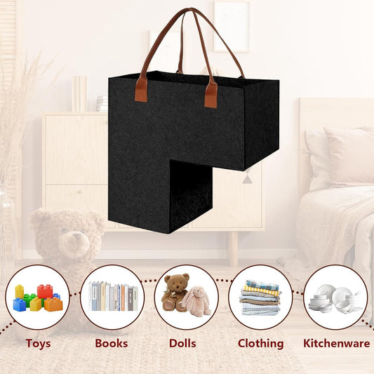 Stair Organizer Basket - Stair Basket - L-shaped Foldable Stair Basket - Storage Bag - Felt Stair Basket - Laundry Basket - Toy Basket - Household Items - for Laundry, Toys - 42*42*25.5 cm - Black