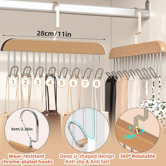 2 pieces - Clothes hanger - belt holders - scarf rack - bra holders - tie hangers for the closet - wooden bra hangers - with 8 hooks - 360° rotatable tank top hangers - closet accessory - for the closet - for belt, tie, tank top, bra, scarf - 28 cm
