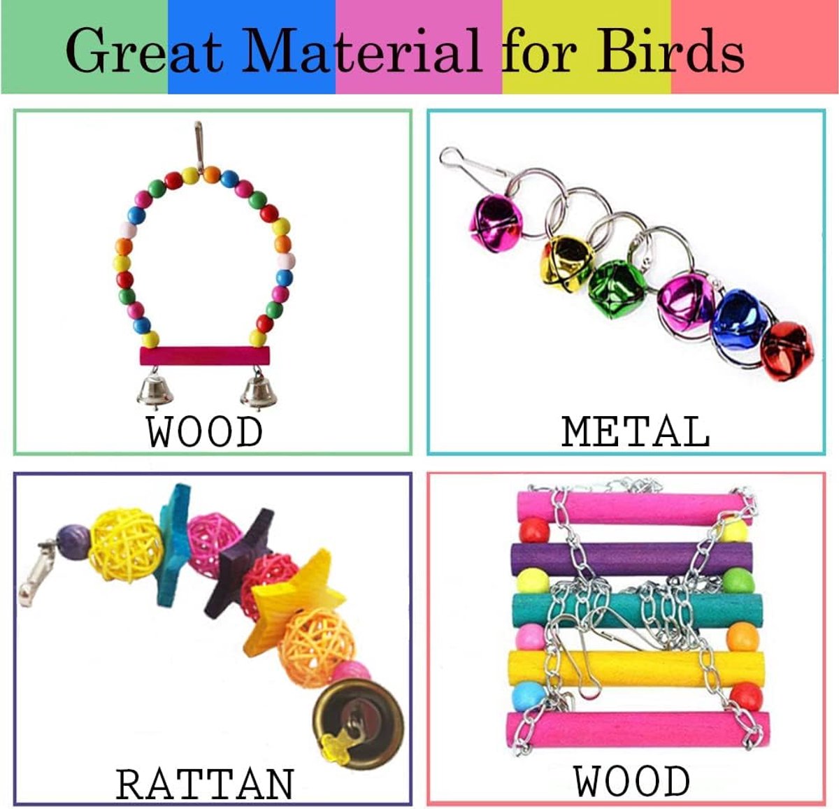 8 pieces - Bird toys - Parrot toys - Parrot swing set - Chew toys - Wooden bells Hanging toys - Pet toys - for Conures, Cockatiels, Lovebirds, Small parakeets, Budgies, Finches - Multicolor