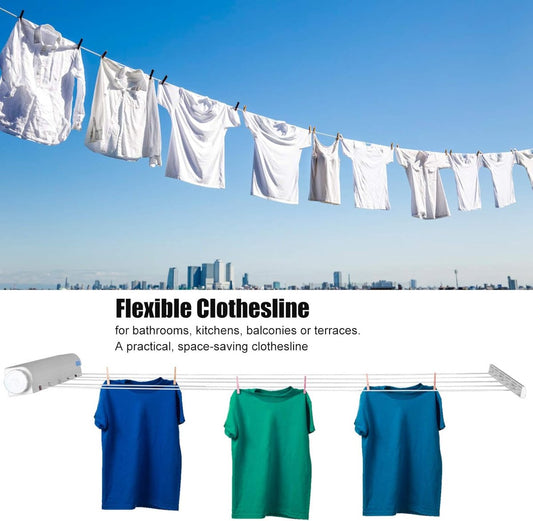 Extendable clothesline - Retractable clothesline - 5 lines of 3.75 m each - Roll-up clothesline - Clothesline - Wall clothesline - Foldable drying rack - Drying rack - Indoor drying rack - White