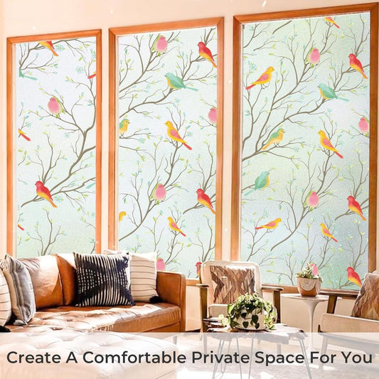 Window film - Glue-free adhesive film for windows and bathrooms - 30cm*1m - PVC - Static - Easy installation - Colorful - Branches and birds