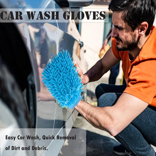 Household Gloves - 3 Pieces - Cleaning Gloves - Car Wash Glove - Double-Sided Microfiber Glove - For Cars and Household Cleaning - 15*23 CM - Dark Blue/Light Green/Blue