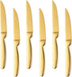 Stainless Steel Serrated Steak Knife Set of 6, BuyGo Gold Color Heavy Duty Dinner Table Knives for Cutting Meat, Beef, 8.6 Inch, Dishwasher Safe